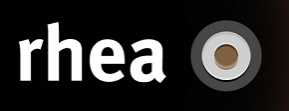 Rhea Vendors Kaffeevollautomaten Logo mit schwarzem Hintergrund.