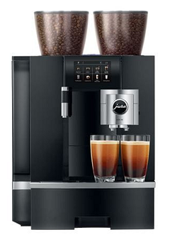 Jura GIGA X8 Kaffeevollautomat in Piano Black mit 2 Bohnenbehälter und Touch-Display.