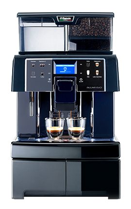 Aulika EVO Office Kaffeevollautomat in Schwarz. Wassertank und Bohnenbehälter befinden sich über der Maschine. Die Auswahl hat ein Touchscrean Display.