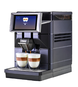 Saeco M 1 Kaffeevollautomat in silber mit Touchscreendisplay und 2 vollen Latte macchiato Gläser.