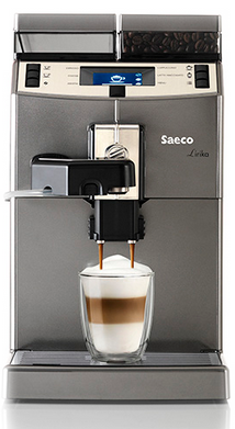 Kaffeevollautomat Saeco Lirika OTC in Platin. Wassertank und Bohnenbehälter befinden sich über der Maschine. Die Auswahl hat ein LED Display für Büro zum Mieten