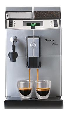 Kaffeevollautomat Saeco Lirika Plus in silber. Wassertank und Bohnenbehälter befinden sich über der Maschine. Zwei halbvolle Espressogläßer.