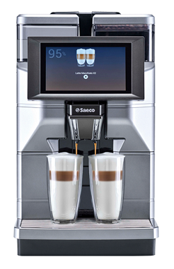 Saeco Magic M 2 Kaffeevollautomat in Silber/Schwarz mit Touchscreen-Display und 2 vollen Latte macchiato Gläser.