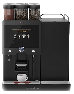 Kaffeevollautomat Coffee Soul in Schwarz mit Touchscreen, zwei Bohnenbehälter und ein Kakao Behälter mit weisser Kaffee Tasse am Auslauf für Büro zum Mieten.